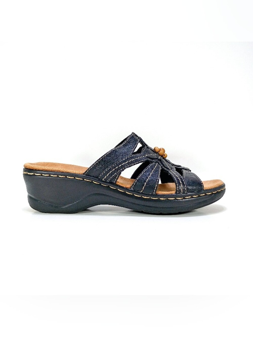 Clarks Lexi Myrtle Womens 9.5 Narrow Fit Black Leather Slip On Wedge Sandals